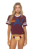 LOGO V-NECK JERSEY BOYFRIEND TEE - BURGUNDY // WHITE