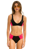 HI-WAISTED SIDE CUT OUT COLOR BLOCK CHEEKY BIKINI BOTTOMS - BLACK // RED