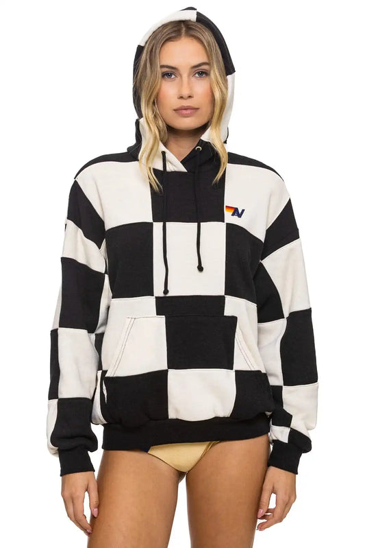 CHECK QUILT RELAXED PULLOVER HOODIE - VINTAGE WHITE // BLACK