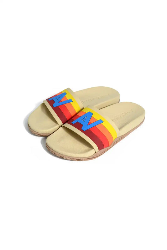 AVIATOR NATION LOGO RAINBOW 4  STRIPE SLIDES - VINTAGE WHITE