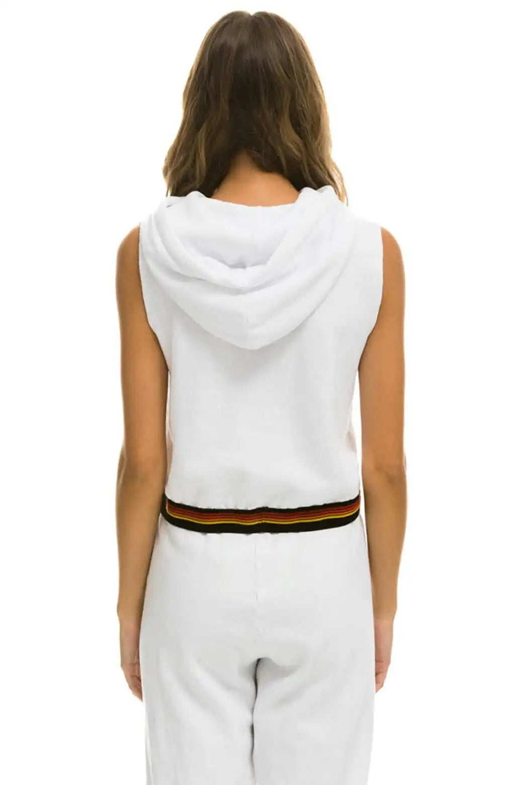 LOGO STRIPE SLEEVELESS CROP PULLOVER HOODIE - WHITE