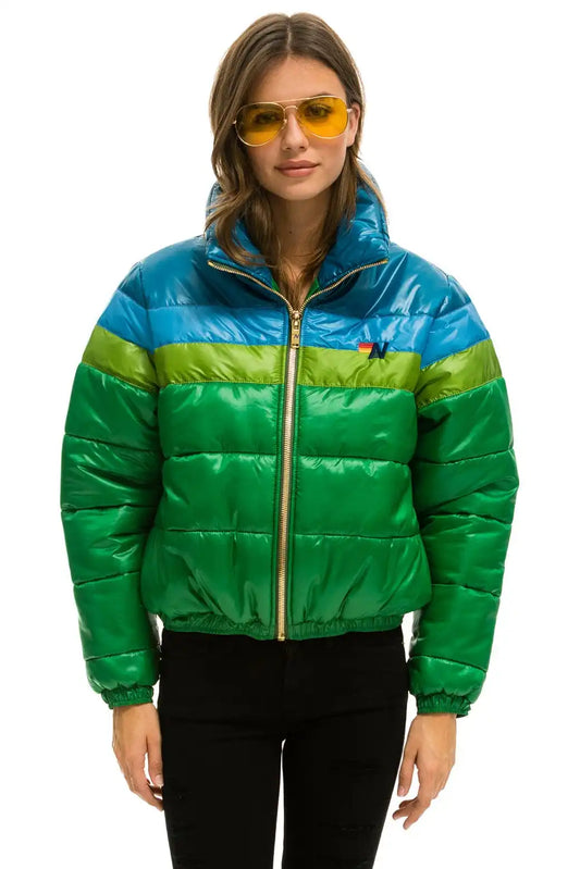 COLOR BLOCK LUXE APRES PUFFER JACKET - AMAZON GLOSSY