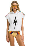 BOLT STRIPE SLEEVELESS RELAXED CROPPED PULLOVER HOODIE - WHITE