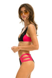 HI-WAISTED SIDE CUT OUT COLOR BLOCK CHEEKY BIKINI BOTTOMS - BLACK // RED