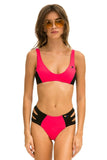 HI-WAISTED SIDE CUT OUT COLOR BLOCK FULL COVERAGE BRIEF BIKINI BOTTOMS - RED // BLACK
