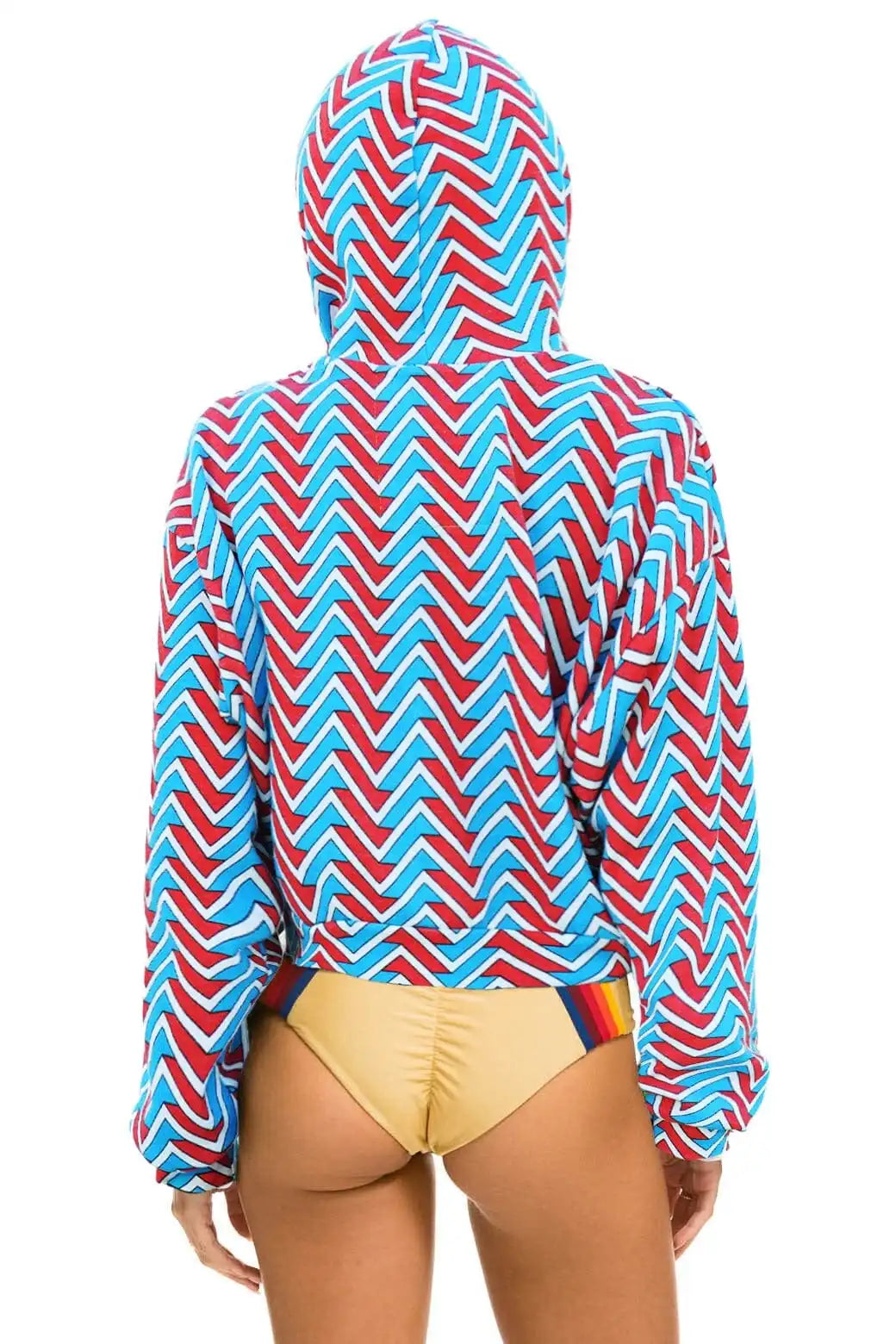 GEO ZIG BOLT EMBRIODERY RELAXED CROPPED PULLOVER HOODIE - RED // BLUE