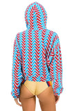 GEO ZIG BOLT EMBRIODERY RELAXED CROPPED PULLOVER HOODIE - RED // BLUE