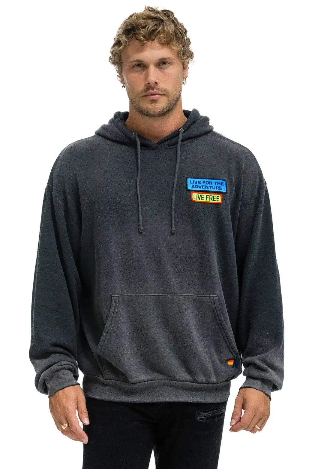 LIVE FREE + ADVENTURE PATCH PULLOVER RELAXED HOODIE - FADED SMOKE