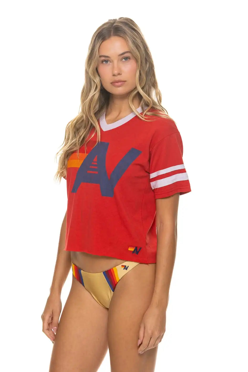 LOGO V-NECK JERSEY BOYFRIEND TEE - RED // WHITE