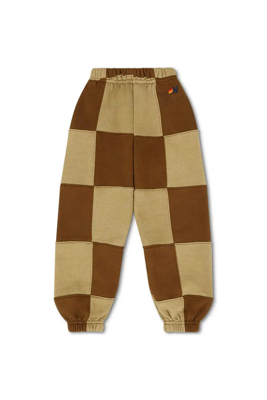 KID'S CHECK QUILTED SWEATPANTS - TAN / CINNAMON
