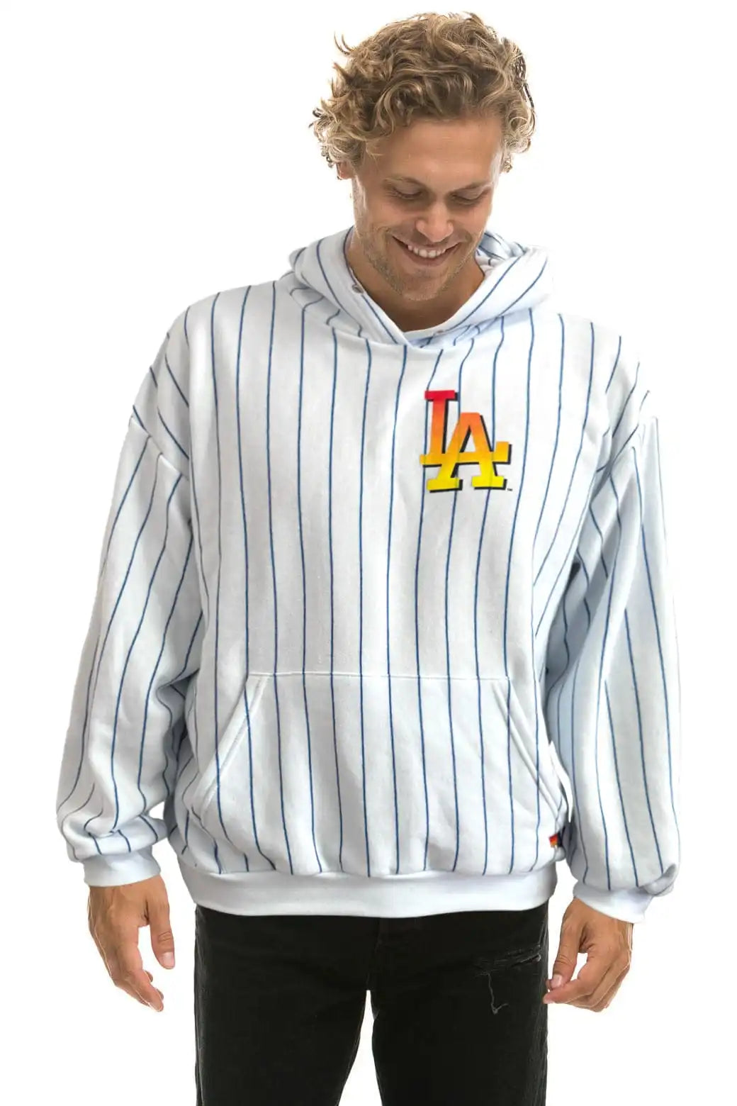 LOS ANGELES DODGERS PINSTRIPE 2026 RELAXED PULLOVER HOODIE - WHITE // BLUE