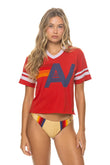 LOGO V-NECK JERSEY BOYFRIEND TEE - RED // WHITE