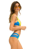 HI-WAISTED SIDE CUT OUT COLOR BLOCK CHEEKY BIKINI BOTTOMS - LED // BLUE CINA